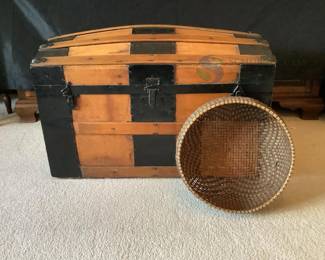 Antique Steamer Trunk with Wicker Basket