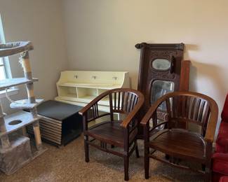 2 Asian wood chairs. Carved mantel