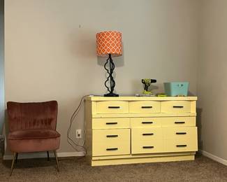 Mid century dresser (project piece), dusty rose velvet chair.