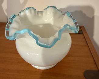 Rare Antique Vintage 1940s Fenton Aqua Crest Crimped Vase