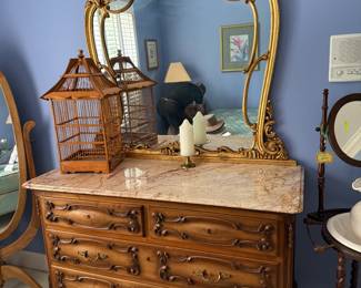 French Provincial Marble Top Dresser with Mirror