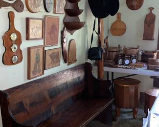Various wood art, church pew, hat rack