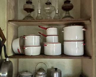 Oil lamps, aluminum cookware, enamel pots & pans