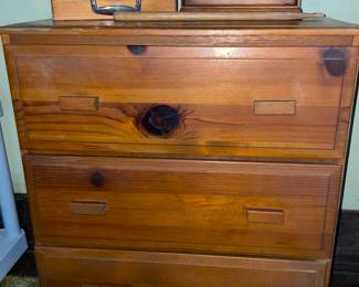 Wooden chest of drawers, cigar boxes