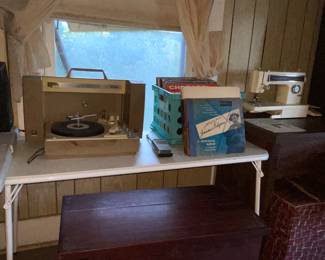 Late 60’s portable turn table, records, sewing machine
