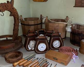 Wooden tools, stirrup made clocks