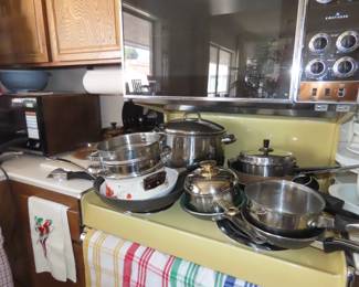 Cookware and large microwave.