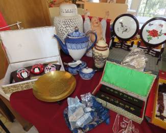 Asian decor, china coffee pot with cream and sugar., bag of crystals. Framed silk embroideries.