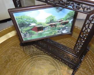 Two sided silk embroidery on carved wooden frame/stand.