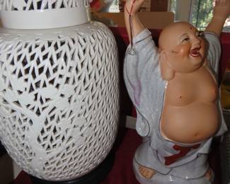 Happy Buddah, large porcelain filigree ginger jar.