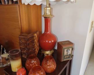 Candles, vintage money box, Koa jewelry box, one of two matching table lamps.