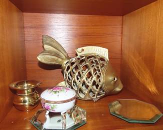 Brass fish, trinket box and other items.