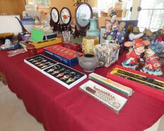 2008 Bejing olympic commemorative key chains, inscense burners, Asian pots, vases and figures.