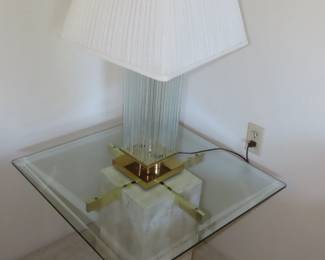 MCM glass/brass marble like end table and table lamp.