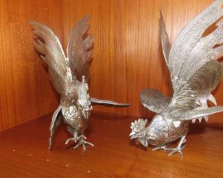 Silver plate fighting roosters.