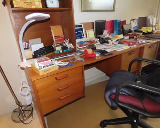 MCM one of two matching desks, with lamps, office supplies and accessories.