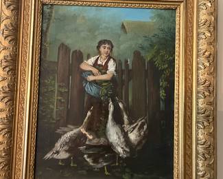 Feeding Time Oil Painting Elaborate Frame