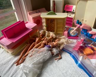 Vintage Barbies & Motorcycle & furniture