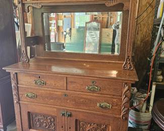 Antique Oak Sideboard / Buffet with Beveled Mirror