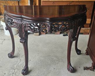 42" x 18" x 31" Tall - Victorian Elaborately Carved, Rosewood Demi Lune Reproduction Parlor, Entry or Accent table with Carved Beveled Mirror - 28" x 45"