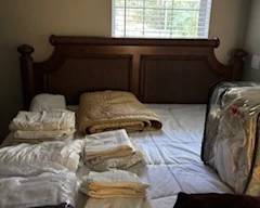 King Size bed frame and rails, Sealy Posturpedic Hard Rock Hotel mattress - a year old, sheets, bedding, comforters
