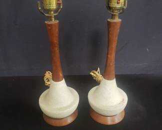 pair of mid century modern wood and ceramic table lamps