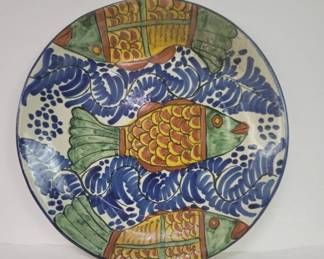 Vintage hand signed and painted terracotta center bowl/plate