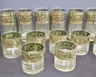 mid century modern Cera green and gold grapevine highball glasses, set of 16 cups