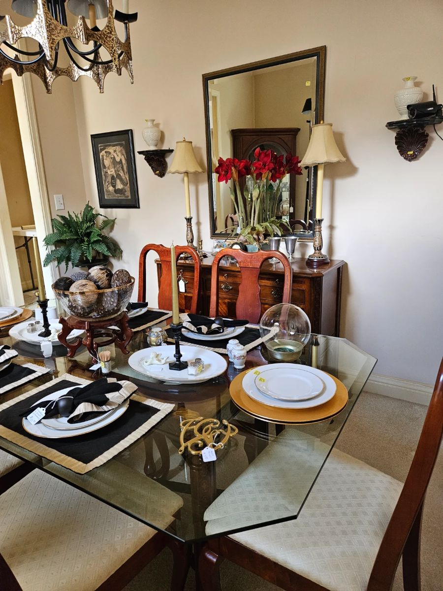 Large glass, stop dining table and chairs, buffet, buffet lamps, Lenox vases, and more
