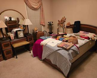 Circa 1940s Art Deco bedroom set: double bed, vanity w/mirror, and chest of drawers, linens and artwork 

