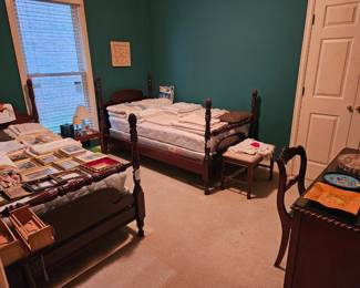 Antique twin pineapple beds, desk w/chair, linens, picture frames and more