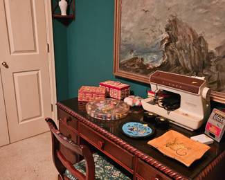Fenton hobnail, Lenox vases, desk with chair, vintage Singer sewing machine, and various sewing items