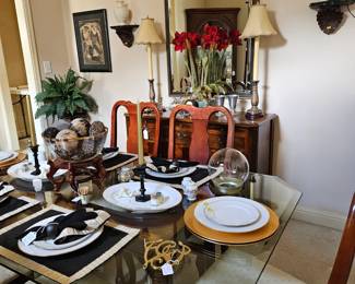 Large glass, stop dining table and chairs, buffet, buffet lamps, Lenox vases, and more