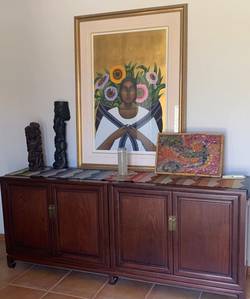 Nivia Gonzalez “Echoes of Unrestrained Beauty” AP Lithograph 35/75, Mosaic Tile Tray, Carved African Art Statues, Asian Style Wooden Cabinets