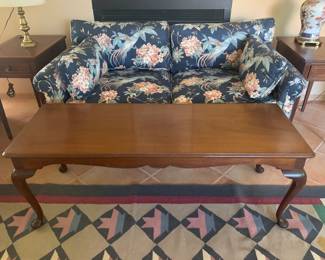 Ethan Allen Chintz Love Seat with Parrot and Plumeria Pattern and Solid Wood Queen Anne Coffee Table
