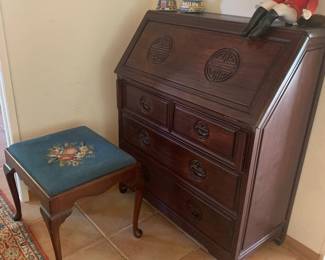 1960s Asian Hand Carved Drop Front Desk and Queen Anne Footstool