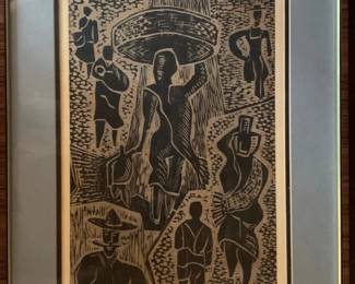 Jacob Heller "People in Mexico" Woodblock Print Signed