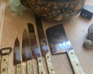 Rostfrei Stainless Steel White Perlmusol Knife Set and Hand Painted Mexican Covered Casserole
