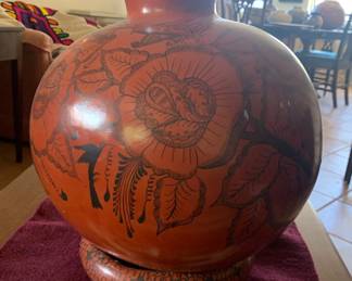 Large Red Clay Floral Pot Signed