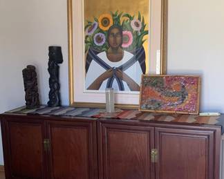 Nivia Gonzalez “Echoes of Unrestrained Beauty” AP Lithograph 35/75, Mosaic Tile Tray, Carved African Art Statues, Asian Style Wooden Cabinets