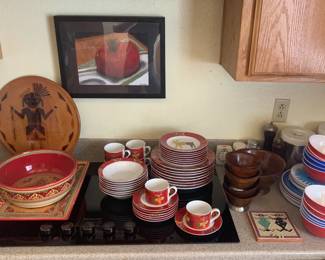 Assorted Kitchen Serving Pieces, China, and Donna Gorman Melmac Dinnerware by Zak Design