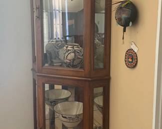 Corner Wood and Glass Four Shelf Curio Cabinet - Two Available