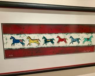 H. Marie Hall Six Horse Batik Style Signed Lithograph 37/75