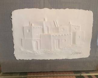 J. Ramirez "Pueblo" Embossed on Hand Made Paper in Acrylic Shadow Box