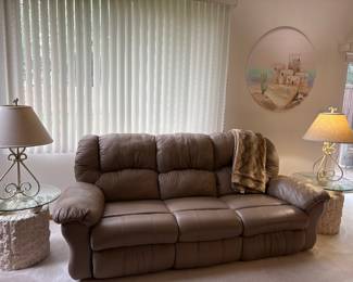 Recliner Couch and End Tables and Lamps