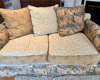 Custom down stuffed loveseat  with custom versatile cover from Metropolis. 
