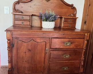 13 AntiqueWoodSideboardwDrawersOrnateBackFauxLavenderPlant