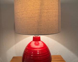 38 AppleRedRibbedCeramicTableLampwLinenShade20Tall