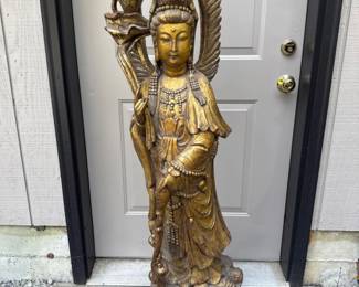 67 53TallHandCarvedWoodenDeityStatueinGoldTonedFinish
