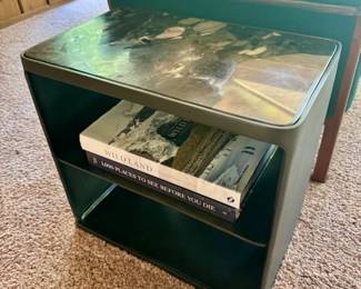 16 BlackMetalFrameSideTablewMarbledStoneTopShelfBooks